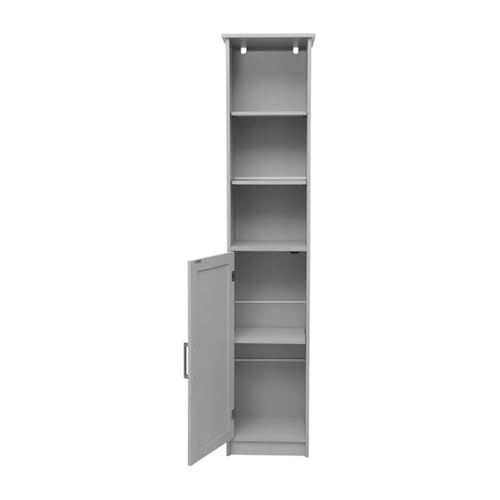 Pemberly Row Freestanding Linen Tower Storage Cabinet, 15"W x 9"D x 70"H, Gray Finish, Engineered Wood with Adjustable Shelves, Magnetic Door and Decorative Top, Slim Space-Saving Design for Bathroom