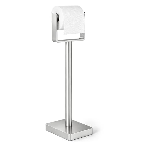 YUMORE Toilet Paper Holder Stand with Weighted Base, Brushed Nickel | Freestanding Stainless Steel Paper Holder with Spring-Loaded Roll Arm for Bathroom - color: Brushed Nickel, size: Standard Style
