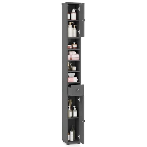 LDAILY Slim Bathroom Storage Cabinet, Tall Freestanding Floor Cabinet w/ 1 Drawer, 2 Doors, 5 Adjustable Shelves & Anti-Tipping Device, Wooden Narrow Bathroom Cabinet for Office, Kitchen, Small Space - color: Grey