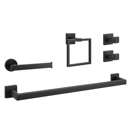 NearMoon 5 Pieces Bathroom Hardware Set 304 Stainless Steel, Square Towel Rack Kit - 24" Towel Rod + Towel Ring + Toilet Paper Holder + 2 Robe Hooks, Wall Mounted Bath Accessories (Matte Black) - color: Matte Black
