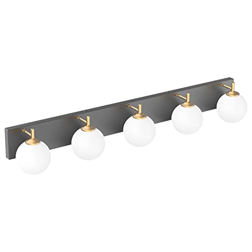 Aipsun Mid Century Modern Bathroom Vanity Light Over Mirror 5 Lights Milky White Globe Glass Black/Golden Bathroom Light Fixture(Exclude Bulb) - color: Black+Gold, size: 5 Lights