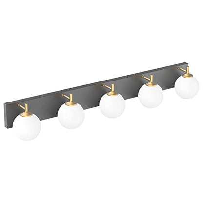Aipsun Mid Century Modern Bathroom Vanity Light Over Mirror 5 Lights Milky White Globe Glass Black/Golden Bathroom Light Fixture(Exclude Bulb) - color: Black+Gold, size: 5 Lights