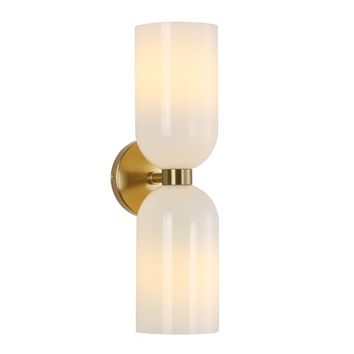EFINEHOME Minimalist 2-Light Gold Wall Sconces with Cylinder Glass Shades- Mid Century Vanity Wall Double Lights Hardwired- Modern Indoor Glass Wall Mounted Art Decor Lights (Milky White, 1 Pack) - color: Milky White
