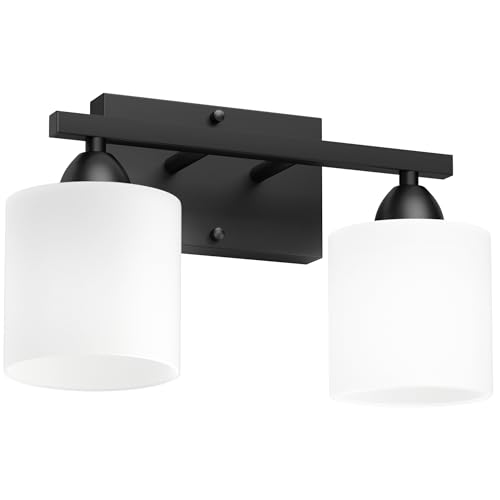 Black Bathroom Lights Over Mirror, Anti-rust Vanity Light Fixture for Bathroom, Modern 2-Light Wall Sconce Light for Living Room, Standard E26 Base, Milky White Glass Shades, Bulbs Not Included - color: Black-2Light