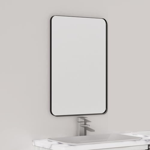VocalStar Black Metal Framed Bathroom Mirror for Wall, 16 x 24 Inch Rounded Rectangle Matte Black Bathroom Vanity Mirror Farmhouse, 1/4-inch Shatterproof Glass | Ultra-Flush Hanging - color: Black, size: 24"L x 16"W