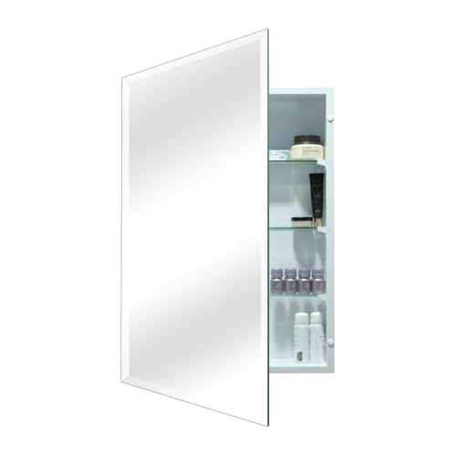 24x36 Inch Frameless Beveled Mirror Medicine Cabinet - Adjustable Glass Shelves, Rust-Resistant Bath Storage for Bathroom/Bedroom, Recessed or Surface Mount Wall Cabinet (White) - size: CM1014-2436