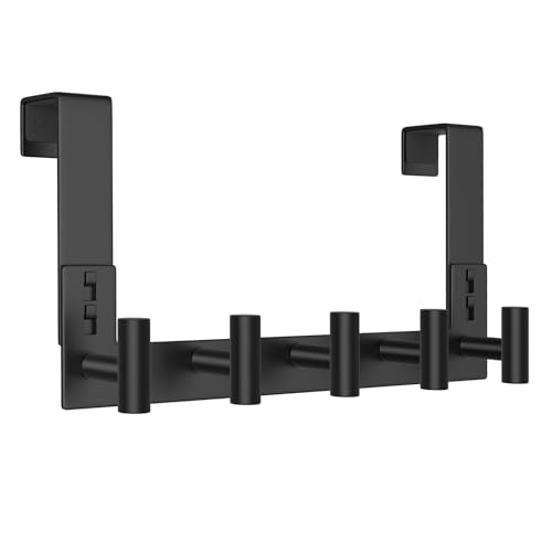 WUIVIUT Over The Door Hooks Door Hanger for Hanging, Heavy Duty Rack Bathroom Hook for Clothes, Coat (5 Hook, Fits 1-3/4'' Thick) - size: T Shape 5 Hook, Black