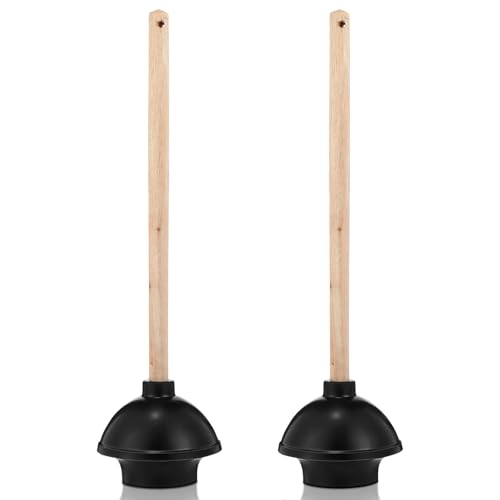 Dandat 2 Pcs Rubber Toilet Plunger with Double Thrust Force Suction Cup Long Wooden Handle Toilet Bowl Plunger Heavy Duty Pump Clogged Solution for Bathroom Stores Restaurants (Black)