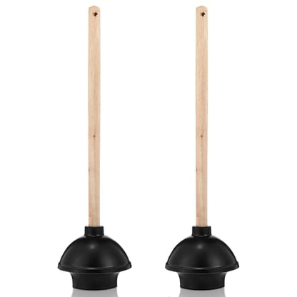 Dandat 2 Pcs Rubber Toilet Plunger with Double Thrust Force Suction Cup Long Wooden Handle Toilet Bowl Plunger Heavy Duty Pump Clogged Solution for Bathroom Stores Restaurants (Black)