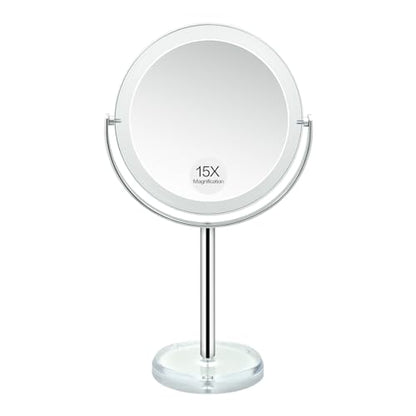 Snowflakes Double Sided 1X / 15X Magnifying Makeup Mirror with Stand - 6.7 Inch Tabletop Vanity Mirror for Bathroom or Bedroom with 360° Rotation.