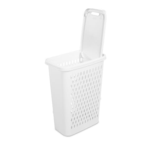 Sterilite Slim Laundry Hamper with Lid, Tall Plastic Hamper for Collecting Dirty Clothes or Sorting Clean Clothes, White, 4-Pack