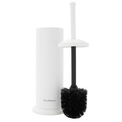 BROOKSTONE Toilet Brush and Holder Set for Bathroom with Splash Guard for Deep Cleaning, Compact and Space Saving Stylish Toilet Bowl Cleaners, White - color: White