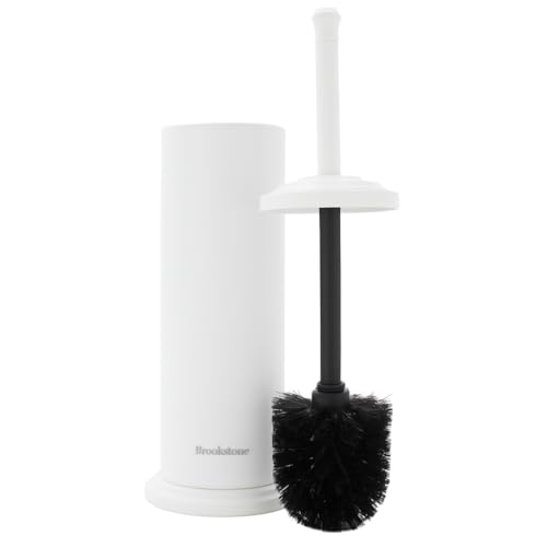 BROOKSTONE Toilet Brush and Holder Set for Bathroom with Splash Guard for Deep Cleaning, Compact and Space Saving Stylish Toilet Bowl Cleaners, White - color: White
