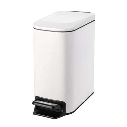 Cesun Small Bathroom Trash Can with Lid, 1.6 Gal, Soft Close, White | Step pedal soft close, Slim 5.9in fits narrow spaces, Stainless steel, Anti-fingerprint, Removable inner bucket, Odor seal - color: White