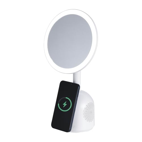 ELLE - LED Vanity Mirror with Bluetooth Speaker and Wireless Charging | Wireless Charging, Bluetooth Speaker, Adjustable Settings, Brightness, Makeup and Skincare Use, Compact Storage