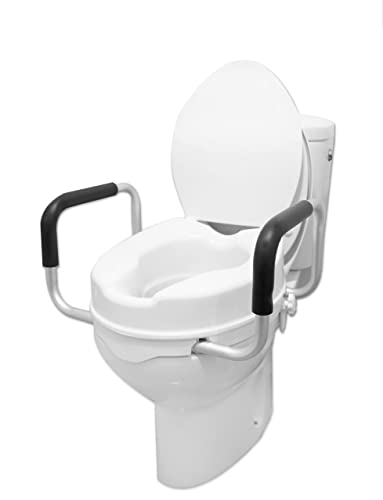 PEPE Mobility Raised Toilet Seat with Handles and Lid for Elderly 4" High, Fits Round and Elongated up to 15" Wide, Commode Seat with Sturdy Brackets, Medical Aid - color: White