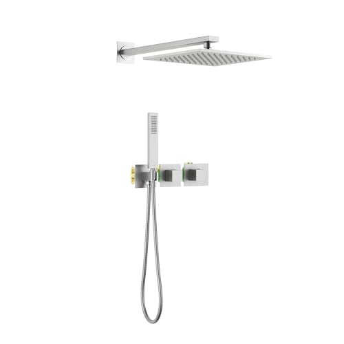KIBI Cube Thermostatic Bathroom Shower System – 2-Function Wall Mounted Shower Set with Rough-In Valve, Modern Brushed Nickel Finish, Durable Rust-Resistant Bathroom Shower Faucet Kit - color: Brushed Nickel