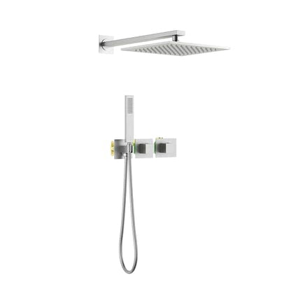 KIBI Cube Thermostatic Bathroom Shower System – 2-Function Wall Mounted Shower Set with Rough-In Valve, Modern Brushed Nickel Finish, Durable Rust-Resistant Bathroom Shower Faucet Kit - color: Brushed Nickel