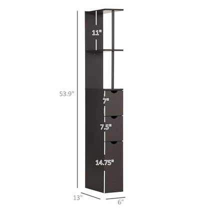 HOMCOM 54" Tall Bathroom Storage Cabinet, Freestanding, 2-Tier Shelf, Brown | Linen Tower, Drawers, Narrow Side Floor Organizer - color: Brown