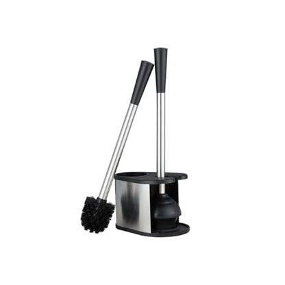 J&V TEXTILES 2-in-1 Toilet Plunger and Brush Set, Extended Stainless Steel Handle, Black Bathroom Cleaning Tools with Storage Holder, Heavy Duty Combo Pack