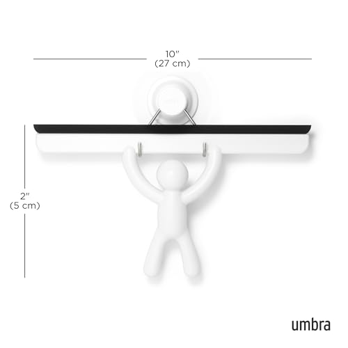 Umbra Buddy Adhesive Squeegee, Shower Glass and Mirror Cleaner, White | Streak-free flexible blade, mounts on tile or drywall, easy clean silicone, anti-rust plastic