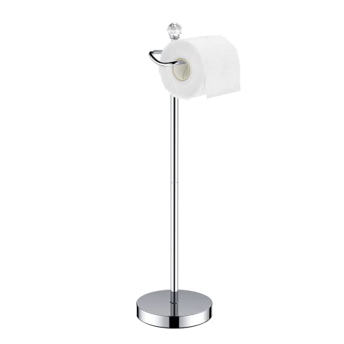 ROLABAM Toilet Paper Holder Stand (with Reserve Function) Free Standing Toilet Paper Holder for Bathroom Total Height 24.4" with Crystal Finial, Chrome Finish - color: Polished Chrome