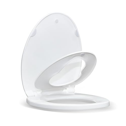 KHE Elongated Toilet Seat with Built-In Toddler Seat, Soft Close, 18.5 Inch | Quick Release for Easy Cleaning, Non-Slip Bumpers, Durable PP, White - size: Elongated 18.5'' with Toddler Seat