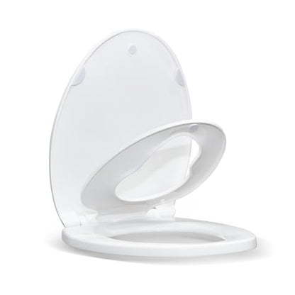KHE Elongated Toilet Seat with Built-In Toddler Seat, Soft Close, 18.5 Inch | Quick Release for Easy Cleaning, Non-Slip Bumpers, Durable PP, White - size: Elongated 18.5'' with Toddler Seat