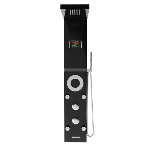 RUMOSE Matte Black Shower Panel Tower System, 5-Mode Shower Faucet Set | LED Light Rainfall Shower Head Digital Display with Massage Jets Tub Spout Shower Shelves, Stainless Steel, Wall Mount - color: Matte Black