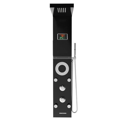 RUMOSE Matte Black Shower Panel Tower System, 5-Mode Shower Faucet Set | LED Light Rainfall Shower Head Digital Display with Massage Jets Tub Spout Shower Shelves, Stainless Steel, Wall Mount - color: Matte Black