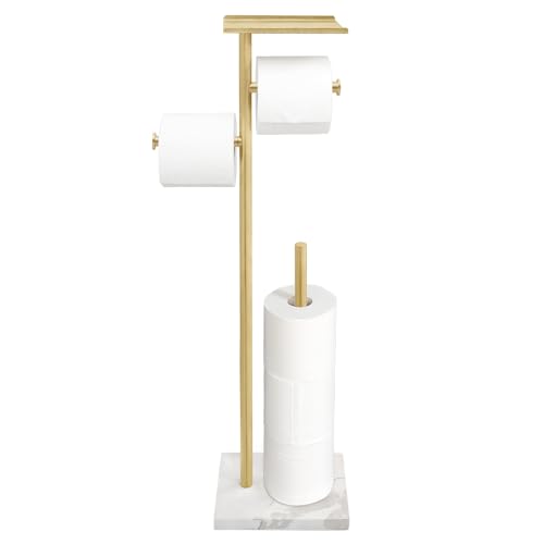GZILA Brushed Gold Toilet Paper Stand Holder with Shelf, Marble Design Base Free Standing Toilet Paper Roll Holder with 2 Dispenser SUS 304 Stainless Steel Reserve, Storage 5 Rolls - color: Brushed Gold - 2 Dispensers