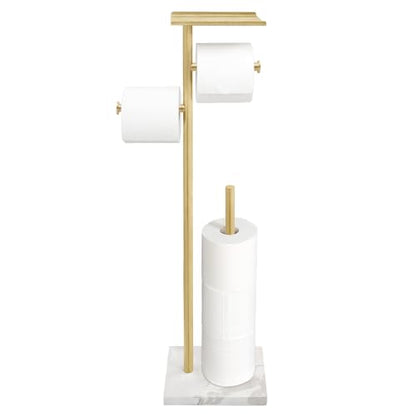 GZILA Brushed Gold Toilet Paper Stand Holder with Shelf, Marble Design Base Free Standing Toilet Paper Roll Holder with 2 Dispenser SUS 304 Stainless Steel Reserve, Storage 5 Rolls - color: Brushed Gold - 2 Dispensers