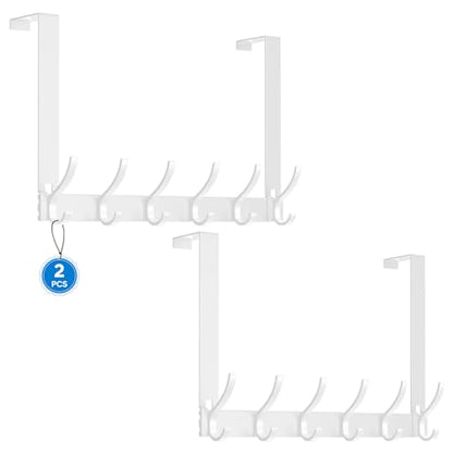 2 Pack Over The Door Hooks - NO NAIL over door hanger holder,NO ASSEMBLY REQUIRED large over the door towel rack with 12 hooks, heavy duty hooks for bathroom,bedroom,hanging towels,coats (White)