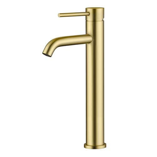 SUMERAIN Tall Bathroom Vessel Sink Faucet, Brushed Gold | 304 Stainless Steel, Water-Saving, Single Handle, Single Hole, Lead-freee, with Supply Lines, Easy Install - color: Brushed Gold, size: Vessel Sink faucet