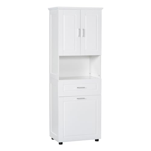 JIVOIT 70" H Tall Bathroom Cabinet with Laundry Basket, Double Storage Cabinets with Doors and Open Space, Tilt-Out Laundry Hamper and Upper Storage - color: White * 102