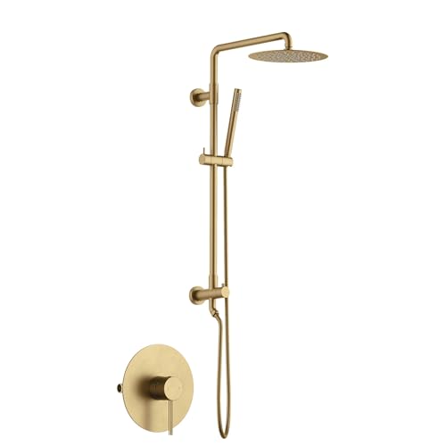 KIBI Wall-Mounted Rain Shower Column, Brass Valve, Brushed Brass, KSC403 | 10-inch Wide-Coverage Head, Single-Spray Handheld, Height-Adjustable Slide Bar, Pressure-Balanced, Leak-Free Rough-in Install - color: Brushed Brass