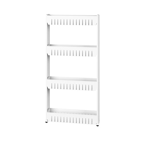 Lavish Home 4-Tier Storage Organizer Rack, White, 21.5” x 5” x 40” | Plastic Rolling Cart for Office, Dorm, Bedroom, Bathroom, and Laundry Room Organizing - size: 4-Tier