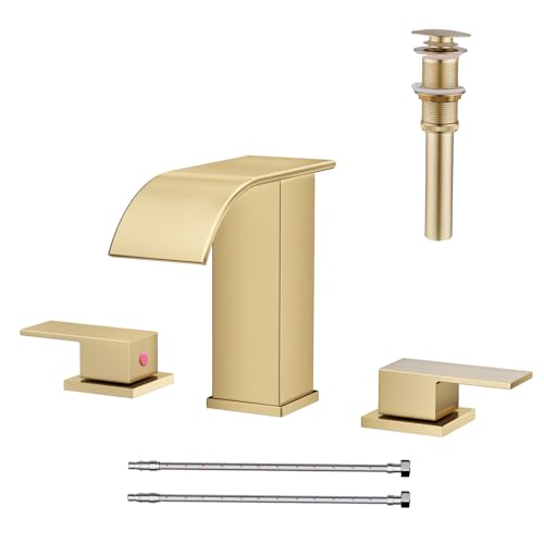 AVSIILE Waterfall Bathroom Faucet 3 Hole, Brushed Gold 8 Inch Widespread Modern 3 Piece Bathroom Sink Faucet, Touch On Lavatory Faucet for Vanity RV Restroom, Curved Spout - color: Brushed Gold, style: Curved Spout