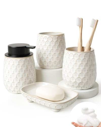 Bathroom Accessory Set 4PCS, Ceramic Bathroom Accessories Set, Foaming Soap Dispenser Set Complete, White Honeycomb Design, Home Apartment Modern Bath Decor Vanity Countertop, ANTIS'S HOME - size: Foam