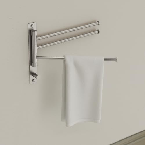 Swivel Towel Rack, Brushed Nickel, 12.5 in, 3-Arm Towel Bar | 304 Stainless Steel, Space Saving, Wall Mounted, With Hook - color: Brushed Nickel