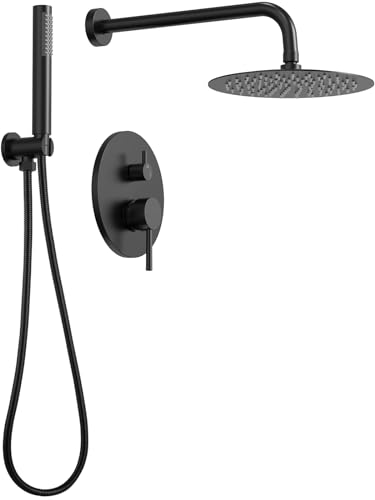 10" High-Pressure Rainfall Shower System with Handheld Spray, Wall Mount Bathroom Shower Faucet Set (Matte Black) - color: Matte Black, style: No Tub Spout
