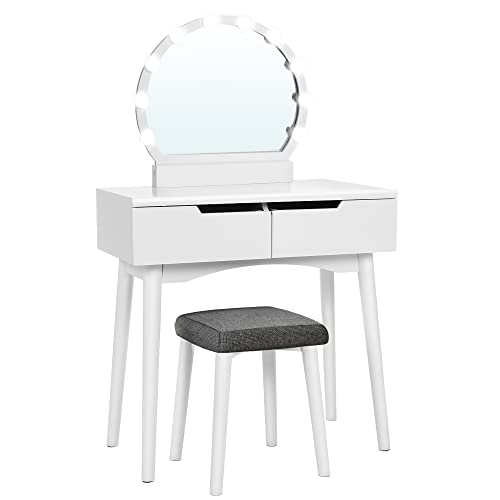 VASAGLE Makeup Vanity Set with 10 Light Bulbs and Touch Switch, Dressing Makeup Table Desk with Large Round Mirror, 2 Sliding Drawers, 1 Cushioned Stool, White URDT11WL - style: 31.5"W 2 Drawers Vanity Desk - White