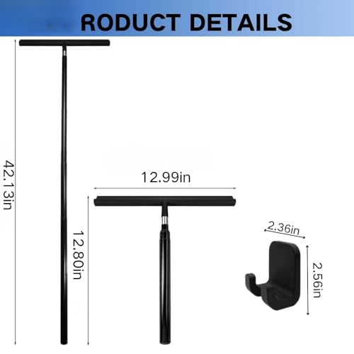 Black Telescopic Shower Squeegee for Glass Doors, Tile Shower Walls. Comes with Suction Hook, Great for Shower Glass