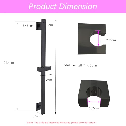 Bathroom Shower Slide Bar,26 Inch Square Slide Bar | with Height/Angle Adjustable Handheld Shower Head Holder Wall Mount , SUS 304 Stainless Steel (Matter Black)