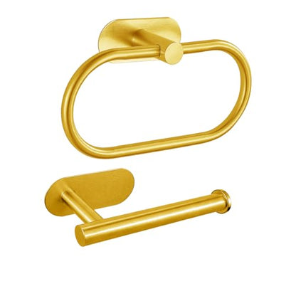 Toilet Paper Holder/Towel Ring Self Adhesive, Eolax No Drilling Gold Bathroom Hardware Accessories, Stainless Steel Sticky Toilet Roll Hanger and Hand Towel Holder, Wall Mounted, 2 Pieces - color: Gold