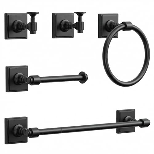 VEHCIL Matte Black Bathroom Towel Bar Set, 5 Piece Bathroom Hardware Accessory Set, SUS304 Stainless Steel 24" Towel Rack Holder Set for Bathroom, Wall Mounted - color: Matte Black
