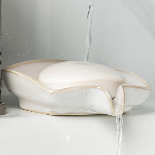 Zoeeker Self Draining Soap Dish, Ceramic Soap Holder with Waterfall Design | Shower Bar Soap Holder with Drainage Soap Saver for Shower, Bathroom, Sink, Kitchen and Countertop, Keep Dry, Beige White - color: Beige White, size: Rectangular