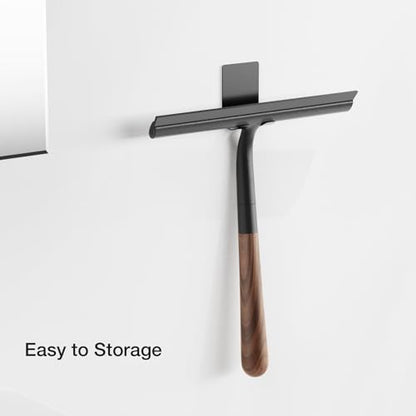 Shower Squeegee for Glass Doors, Streak-Free Silicone Window Cleaner with Detachable Wood Handle & Hook, Rust-Proof Bathroom Squeegee for Mirror, Tile Wall, Car Windshield, 10 Inch Black