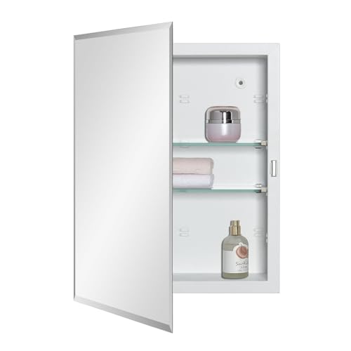 IDYLLOR Bathroom Medicine Cabinet with Beveled Edge Mirrored Door 14 x 18 inch, Recessed or Surface Mount, with Adjustable Glass Shelves - color: Matt White, size: 14x18 inch Beveled Edge Mirror