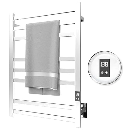 8-Bar Towel Warmer Rack, Polished Stainless Steel | Polished 304 stainless steel, LED display, 115-155°F temp control, 1-24H timer, plug-in or hardwired install - color: Polished